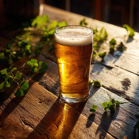 Glass of beer on a wooden table in the sunlight. Selective focus.の写真素材