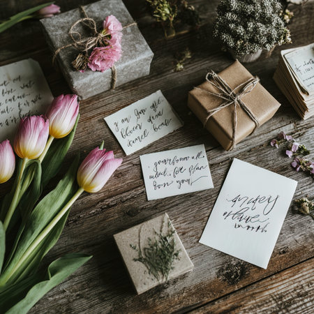Gift boxes with flowers on rustic wooden background. Flat lay.の写真素材