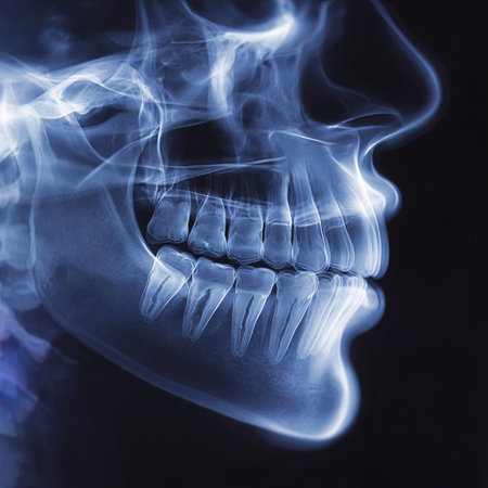 X-ray image of human jaw with teeth and gums.の写真素材
