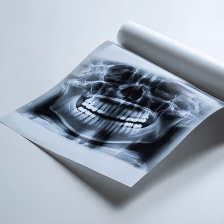 X-Ray image of a human jaw and teeth on a white background.の写真素材