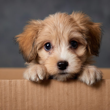Cute puppy in a cardboard box on a gray background. Studio shot.の写真素材