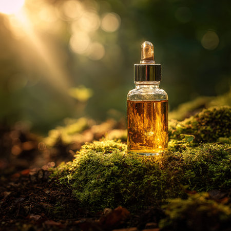 Aromatherapy essential oil in a glass bottle on green moss.の写真素材
