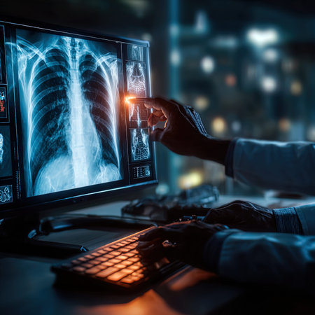 Doctor examining x-ray image of lungs at night. Medical concept.