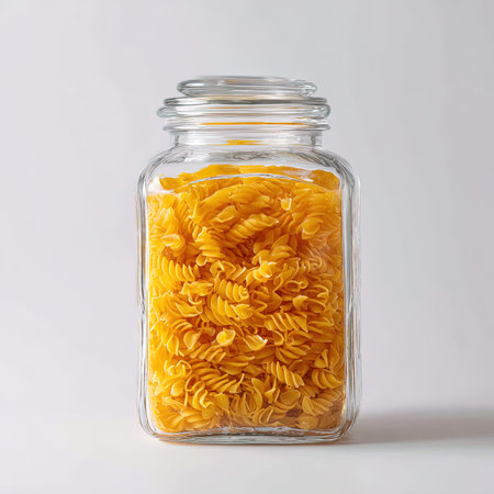 Uncooked pasta in a glass jar on a white background, close-upの写真素材