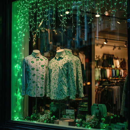 Mannequins in a shop window with green led lights.の写真素材
