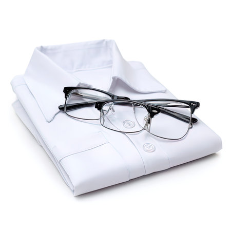 folded white shirt with eyeglasses isolated on a white backgroundの写真素材