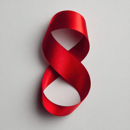Red ribbon on a white background.の写真素材