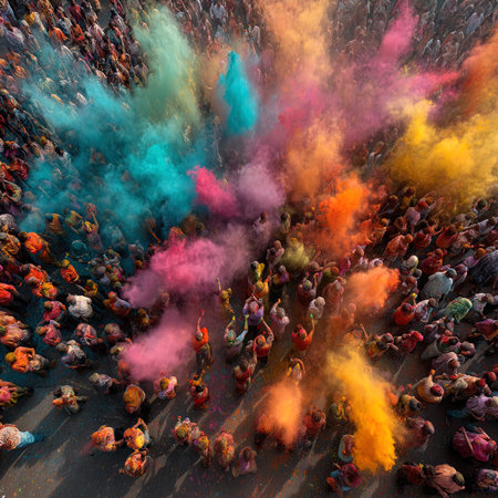 Aerial view of crowd of people with colored smoke during Holi festival in Indiaの写真素材