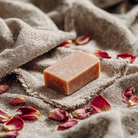 Natural handmade soap with rose petals on burlap cloth. Selective focus.の写真素材