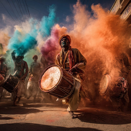 Hindu Sadhu playing the drums during the Holi festival.