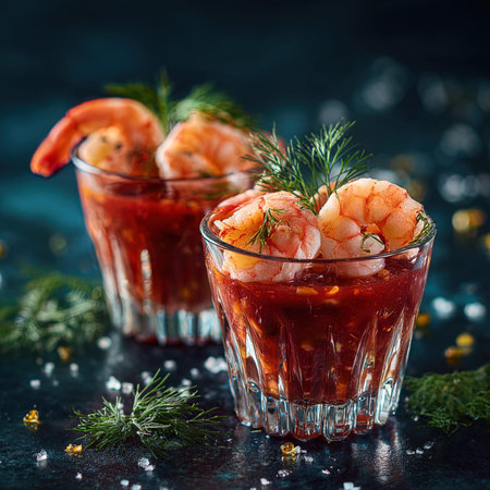 Seafood cocktail with shrimps and sauce on dark backgroundの写真素材