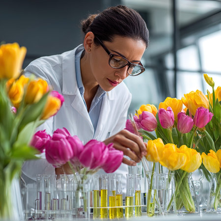 young female scientist in eyeglasses working with tulips in laboratoryの写真素材