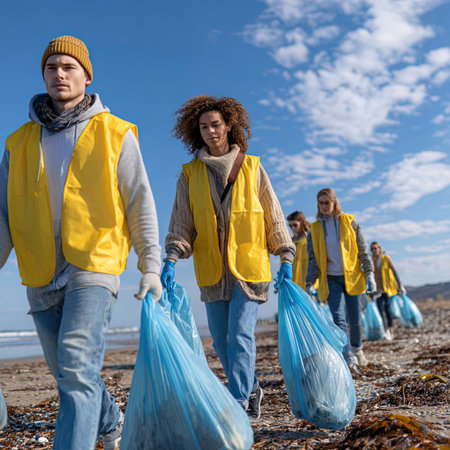 volunteers with garbage bags collecting rubbish on beach during global warmingの写真素材