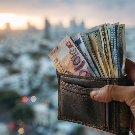 Woman hand holding wallet with dollar and euro banknotes on blurred city background