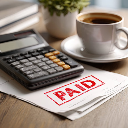 A red stamp with the word Paid on paper and a cup of coffeeの写真素材