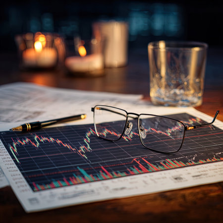 Candlelight and stock market chart on wooden table with glasses.の写真素材