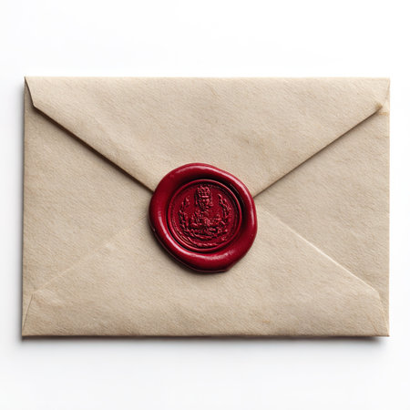Envelope with wax seal isolated on white background, closeupの写真素材