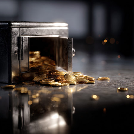 Gold coins in a metal safe on a dark background. Shallow depth of fieldの写真素材