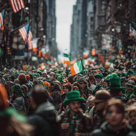 Crowds of people celebrating St. Patrick's Day in Manhattan.の写真素材