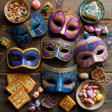 Mardi Gras masks with candies and cookies on wooden backgroundの写真素材
