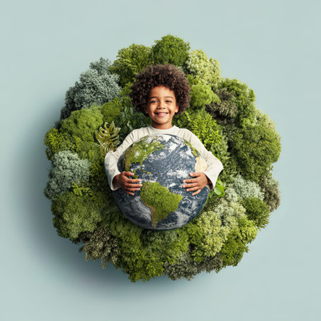 Little african american girl holding Earth planet. Elements of this image are furnished by NASAの写真素材