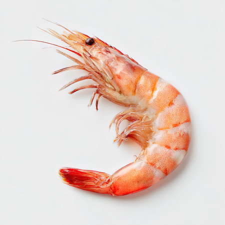 Fresh shrimp isolated on white background. Top view. Flat lay.の写真素材