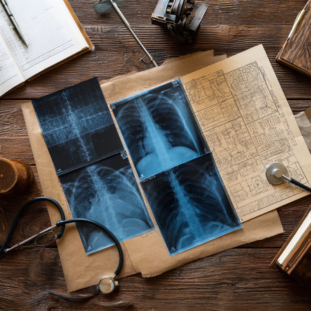 X-ray image of lungs and stethoscope on wooden backgroundの写真素材