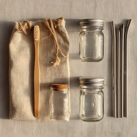Zero waste concept. Eco friendly bamboo toothbrush, glass jars, straws and burlap bag on light background. Flat lay, top viewの写真素材