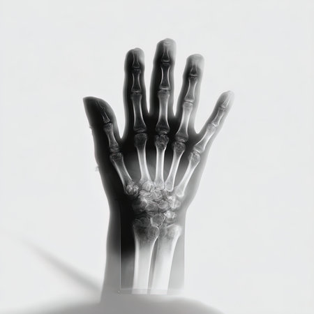 X-ray image of a human hand on a white background.の写真素材