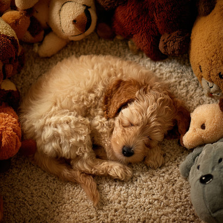Cute little dog sleeping on a carpet with teddy bears.