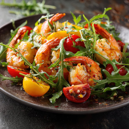 Grilled shrimps with arugula, cherry tomatoes and cheeseの写真素材