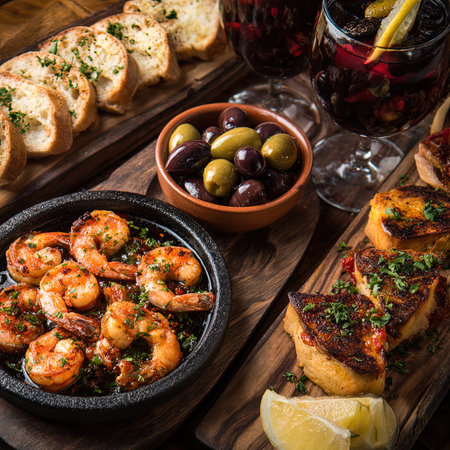 Spanish tapas with shrimps, olives, bread and wineの写真素材