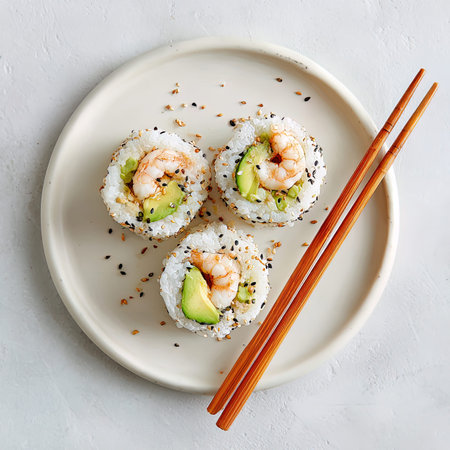 Sushi rolls with shrimps, avocado and sesame on white plate over white stone background. Top view, flat layの写真素材