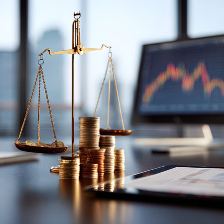 Scales of justice and coins on office desk with laptop computer and graph chart.