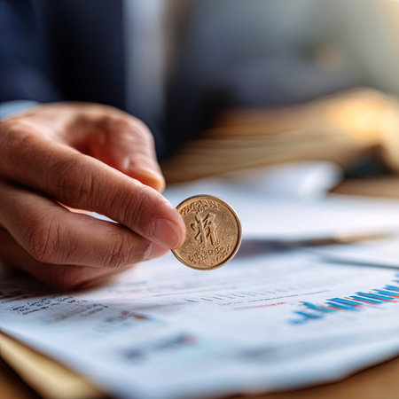Close-up of businessman hand holding one euro coin on financial charts
