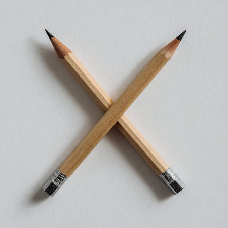 Pencils on a white background, close-up, top viewの写真素材