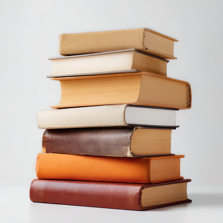 Pile of old books isolated on white background. Back to school.