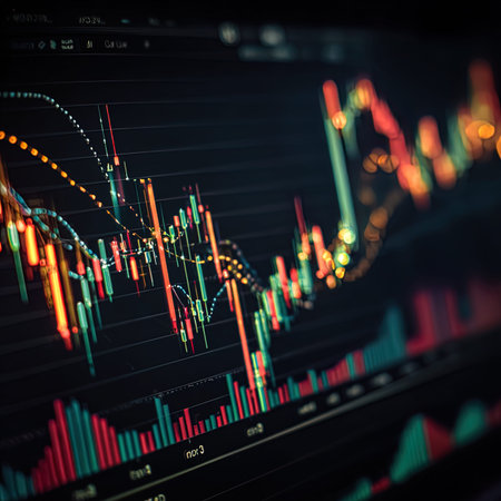 Candle stick graph chart with indicator showing bullish point or bearish point, up trend or down trend of price of stock market or stock exchange trading, investment and financial concept. thin focus.の写真素材