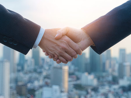 Businessman and businesswoman shake hands with cityscape background, partnership conceptの写真素材