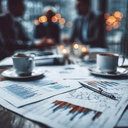 Close-up of business papers and coffee cups on the table.の写真素材