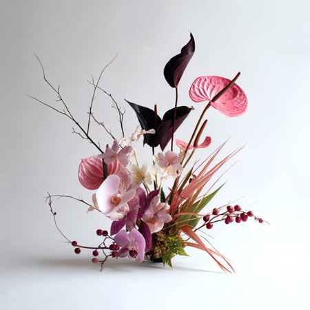 Beautiful bouquet of different flowers in vase on white backgroundの写真素材