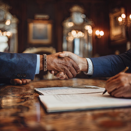 Close-up of two businessmen shaking hands at the table in the officeの写真素材