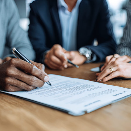 Close-up of unrecognizable businesswoman signing contract at table in officeの写真素材