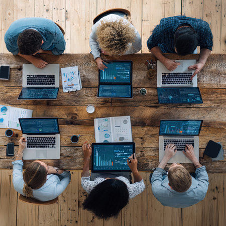 People working together in a modern office, view from the top