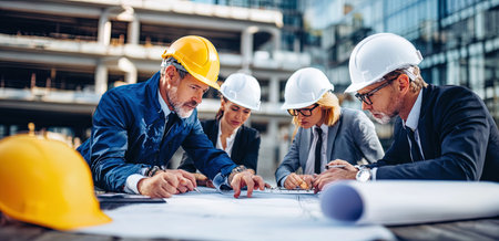 Architects and engineers working on project at construction site. Engineering concept.