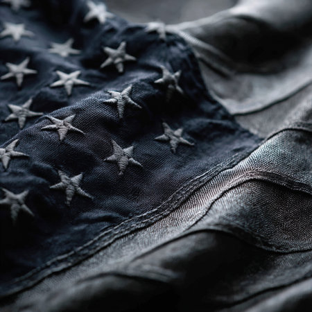 Detail of a black fabric with stars. Selective focus.の写真素材