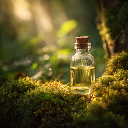 A small bottle of essential oil with a cork stopper stands on a mossy forest floor.