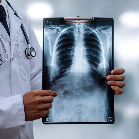 Doctor holding x-ray image of lungs in his hands on blurred background