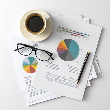 Top view of business papers with coffee cup and eyeglasses on white background