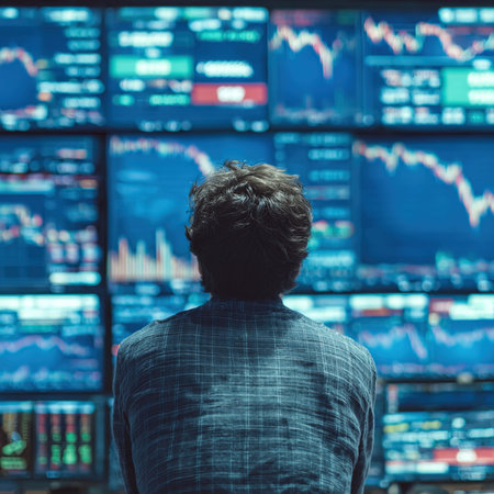 Rear view of a businessman looking at the stock exchange monitor.の写真素材